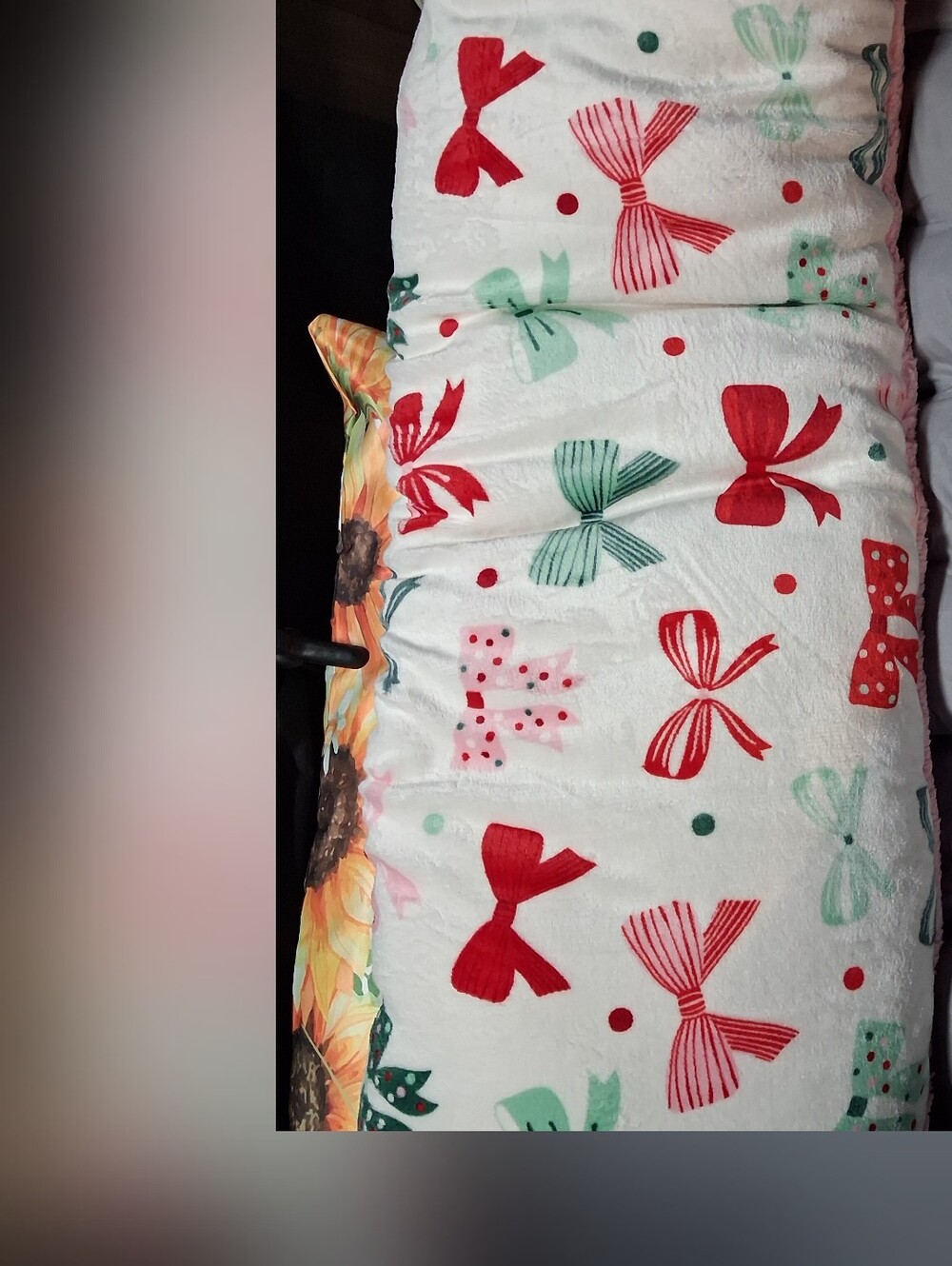 Plush Bow-Print Decorative Pillow Cover in White with Red & Mint Accents